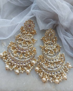 Yellow Pearl Long Chandbali Earring for Party by FashionCrab