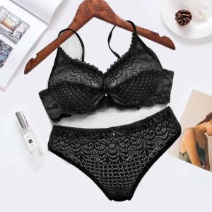 DHANDAI FASHION Women Black Self Design Lace Bra and Panty Set