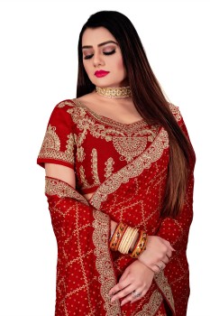 Jaanvi fashion Women's Red Chiffon Bandhani Printed Saree with