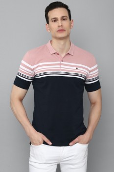 Louis Philippe Sport Striped Men Polo Neck Navy Blue, Pink T-Shirt