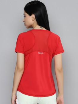 Fitkin Self Design Women Zip Neck Red T-Shirt - Buy Fitkin Self