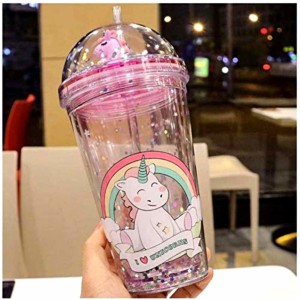 Primetan Unicorn Glitter Sipper Bottle/ Water Bottle/ Sipper Glass Tumbler/ Sipper  Bottle with Straw(Multicolor)