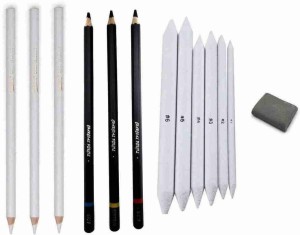Definite Art Natural Soft Dark Charcoal Pencil + Eraser  Pencils + Paper Art Blending Stumps for Charcoal, Graphite Sketching  Portrait (Pack of 3 Charcoal Pencils, 3 Eraser Pencils & 6