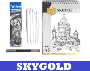 ChiggiWiggi 6 Artline Pencil Drawing Set With 6 Blending/Smudging Stumps  Set, 1 Kneadable Art Eraser, 1 Sand Paper and 1 Dual Sided Pencil Extender  For Drawing and Sketching