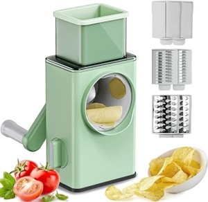 Manual Rotary Cheese Grater Shredder with Wider Hopper 3 Interchangeable  Blades Round Mandolin Drum Slicer Julienne Grinder for Cheese, Vegetables