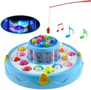 SHINETOY ENTERTAIN KIDS Fishing Fish-Catching Game with 26 Piece Fishes, 2  Rotary Ponds and 4 Pods with Music and Light Function (Multicolour) Without