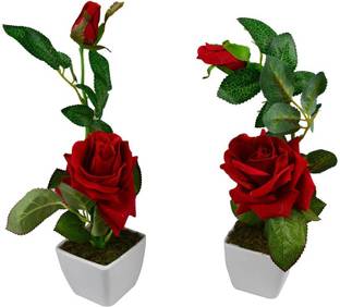 Ahana Creations Red Rose Artificial Flower  with Pot