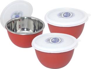 bartan hub Plastic, Steel Storage Bowl Microwave Safe serve bowl set of 3 (microwave safe , 1500 ml , 1000 ml , 500 ml , Food Grade , Stainless steel ,Airtight)