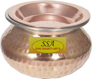 Shivshakti Arts Handmade Pure SteelCopper Punjabi/Rajasthani Hammered Designed Pot With Lid Copper Handi 0.5 L with Lid