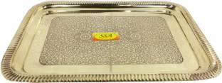 Shivshakti Arts Handmade Pure Embossed Designed Brass Tray Rectangular Designed Dinnerware Serveware Tray