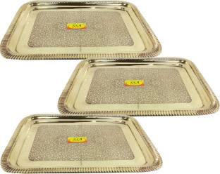 Shivshakti Arts Set Of 3 Handmade Pure Embossed Designed Brass Tray Rectangular Designed Dinnerware Serveware Tray