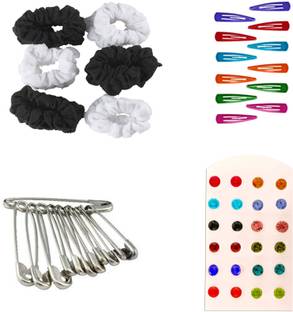 AccessHer Daily Essentials Hair accessories Combo for Women: Rubber Band, Safety pins, Tiktak pins, Studs Rubber Band