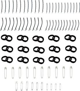 Out Of Box Combo Of 24 Bob Pin 24 Side Pin 10 Piece Big Safety Pin 10 Piece Mixed Size Safety Pins And 30 Piece Black Ribbed Elastic Wide Ponytail Holder