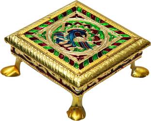 SV Traders Meenakari 4 Inc Pooja Wood, Brass All Purpose Chowki