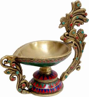 Aesthetic Decors Deeva With Double Base & Handle With Stone Work Brass Table Diya