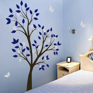 Asmi Collections 140 cm Tree Blue Leaves Grey Flowers Butterflies Removable Sticker