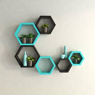 DECORASIA Black & Sky Blue Hexagon Shape MDF (Medium Density Fiber) Wall Shelf