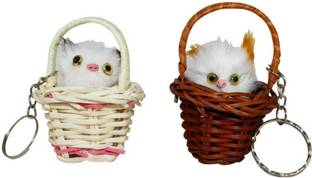 ANISHOP Cute Cat siiting in Wodden basket Key Chain