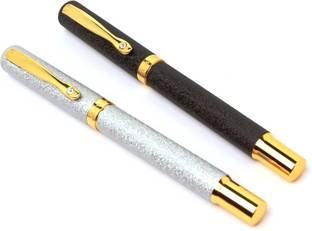 Ledos (PACK OF 2) ROYAL JEWEL DESIGNER ROLLER PEN MARBLED BLACK & SILVER WITH GOLDEN TRIMS NEW Pen Gift Set