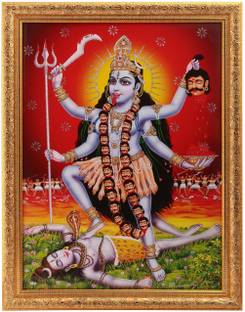 Silver Zari Work Photo Of Maa Kali In Golden Frame Big Paper Print
