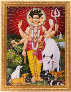 Silver Zari Work Photo Of Datta Maharaj In Golden Frame Big Paper Print