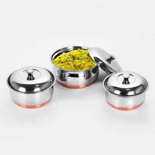 Sumeet 3pc Set of Stainless Steel Copper Bottom Multipurpose Cook & Serve Handi With Lid Cookware Set