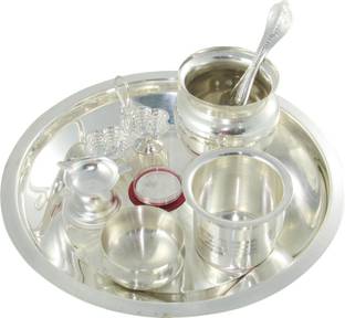 GoldGiftIdeas 8 Inch Plus Tarbhana Pooja Thali Set Silver Plated