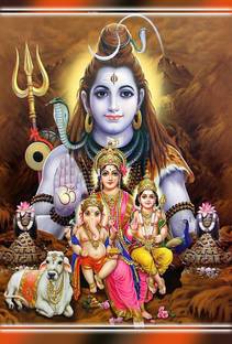 Bhole Nath Family Maa Parvati Ganesh Ji & Kartikey Ji Shiv Shankar Wallpaper Poster Print Poster on LARGE PRINT 36X24 INCHES Photographic Paper