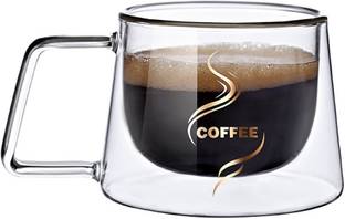 BONZEAL Creative Espresso Double Wall Insulated Heat Resistant Borosilicate Clear Tea Coffee Cup with Handle Glass Coffee Mug