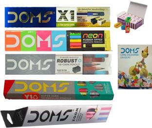 DOMS ROBUST HB DARK PENCIL + X1 PENCIL + Y I PLUS PENCIL + ZOOM PENCIL + NEON RUBBER TIPPED PENCIL + EXTRA LONG PENCIL SHARPENER + LONG COLOURED ERASERS School Set
