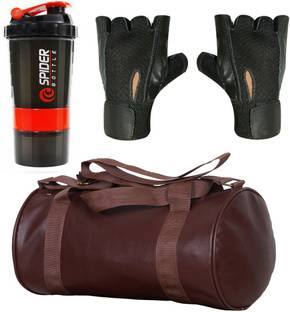 Cp Bigbasket Combo Set Leather Soft Gym Bag (Brown), Spider Shaker (Red), Netted Gym & Fitness Gloves (Black) Fitness Accessory Kit Kit