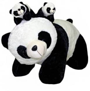 Teddy Multicolor Soft Panda With Two Baby - 35 cm (Black, White)  - 35 cm