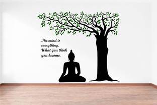 rawpockets 20 cm Lord Buddha under Tree and Quote on Mind Self Adhesive Sticker