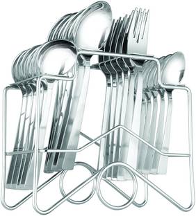 KUBER INDUSTRIES Cutlery Set of Spoons and Fork 24 Pcs.(Desert Spoon 6 Pcs+ Desert Fork 6 Pcs+ Baby soup spoon 6 Pcs+Tea Spoon 6 Pcs) with Designer stand (Cutlery02) Stainless Steel Cutlery Set