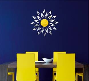 AtulyaArts 45 cm Golden Sun with Extra Falme (Pack of 25) (45 cm X 45 cm) With All Silver Leaf 3D Mirror Acrylic, 3D Acrylic Mirror stickers for wall, 3D Acrylic Wall stickers for living room, bedroom, kids room, kitchen and bathroom 3D Acrylic Mirror Wall Decor sticker for home & offices. Self Adhesive Sticker