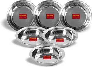 Sumeet Stainless Steel Heavy Gauge Multi Utility Serving Plates with Mirror Finish 19cm Dia - Set of 6pc Quarter Plate