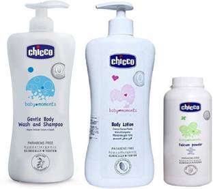 Chicco 500 ml baby body lotion, 500 ml baby shampoo and 150 gram baby powder