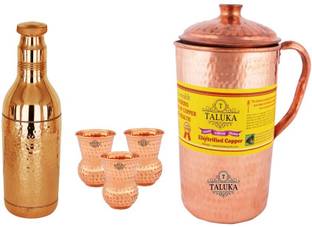 Taluka Copper Hammered Jug 2000 ML with Water Bottle 1700 ML, with 3 Round Bottom Glass 300 ML - Storage water Good Health Benefit Yoga Ayurveda पानी जग सेट