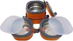 Kotak Sales Hot Square Four Thermal Insulated Stainless Steel Lunch Box Tiffin Warm Fresh Food Container & Plate with Folding Handle For School, Office, Picnic, Travel (Orange) 4 Containers Lunch Box