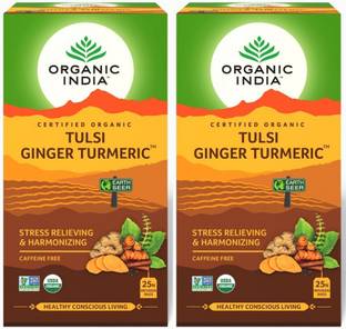 ORGANIC INDIA Tulsi Ginger Turmeric 25 Tea Bags ( Pack of 2 ) Ginger Tea Bags Box
