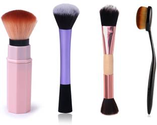 Kelley Retractable Compact Cosmetic Make Up Brush, Expert Base Flawless Face Foundation Blush Brush, Bamboo Double-Ended Contouring Brush, Make Up Foundation Powder Concealer Oval Blending Brush (Set Of 4)
