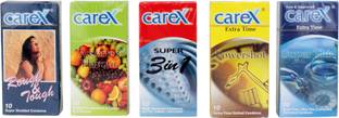 CAREX CONDOM SET OF FIVE- ASSORTED,SUPER 3-IN -1,ROUGH & TOUGH,SUPER THIN , POWER SHOT Condom