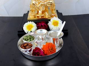 GoldGiftIdeas 6PS Plus Pooja Thali Set Silver Plated