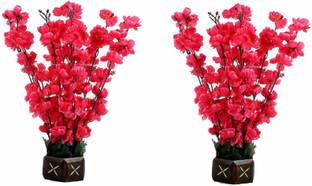 KAYKON 2 Beautiful Artificial Flower Pot - 12 full length sticks - 16 inch / 40cm - Great Quality Red Orchids Artificial Flower  with Pot