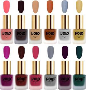 Volo Velvet Dull Matte Bold Colors Nail Polish Combo in Wholesale Rate Combo-No-114 Dark Wine, Magenta, Light Wine, Dark Green, Maroon, Metallic Coral, Metallic Golden, Metallic Silver, Dark Peach, Passion Pink, Grey, Skin Nude
