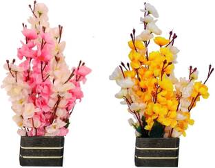 KAYKON Beautiful Combo of 2 White, Yellow, White, Pink Orchids Artificial Flower  with Pot