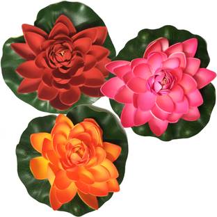 SK Craft Floating Artificial Pink, Orange & Red Lotus Flower Set of 3-17cm x 17cm x 6cm (LxBxH), Floating Lotus Flower, floating lotus decoration flower, floating flowers for decoration Decorative Showpiece  -  6 cm
