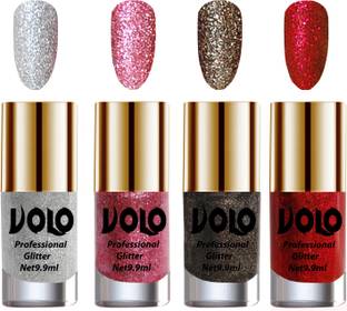 Volo Professionally Used Glitter Shine Nail Polish Combo Pack of 4 Combo-No-209 Pink Glitter, Dark Grey Glitter, Silver Glitter, Red Glitter