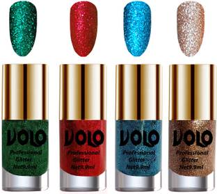 Volo Professionally Used Glitter Shine Nail Polish Combo Pack of 4 Combo-No-305 Dark Green Glitter, Light Golden Glitter, Red Glitter, Sky Blue Glitter