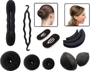 Out Of Box 12-in-1 Hair Accessories Combo Puff Bumpits 7 Pieces With 3 Piece Different Size Donut Buns, 2 Magic Bun Maker Hair Accessory Set